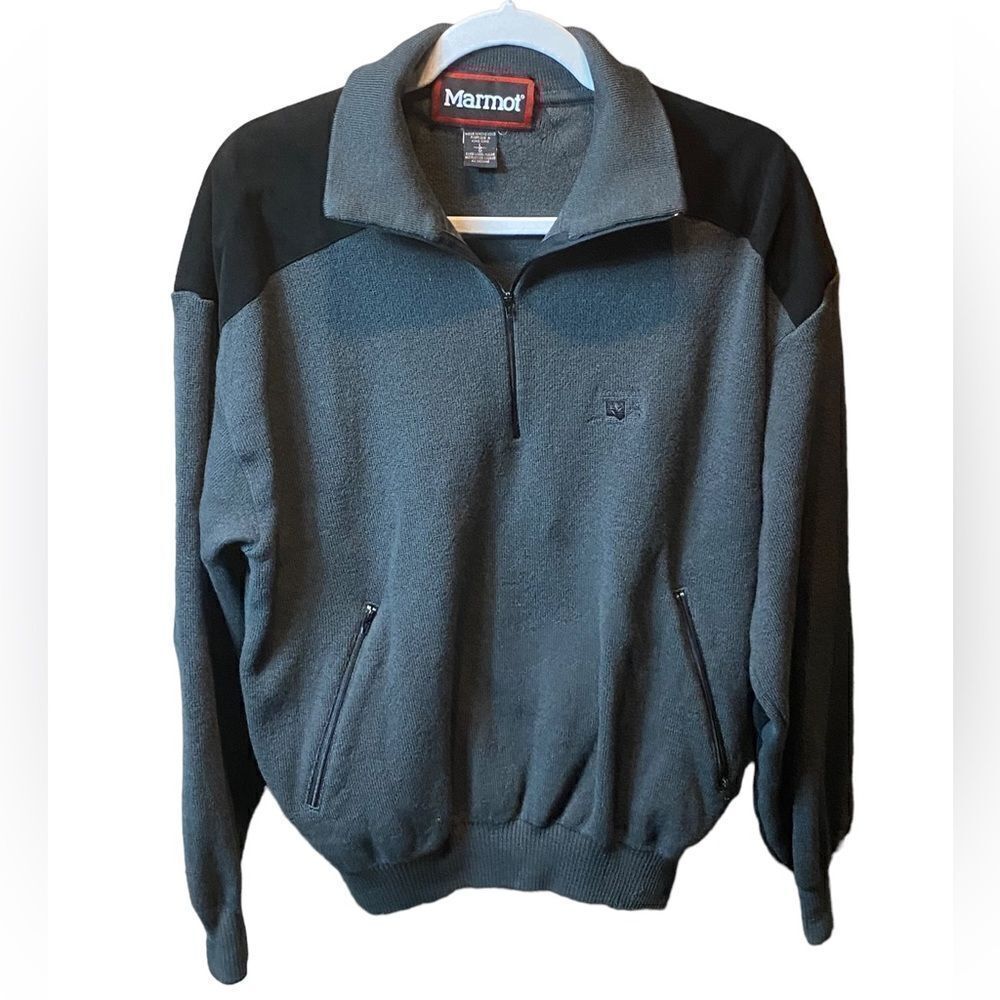 Marmot Mens Sz Grey 100% Wool Patch Zip Pullover 1/2 Zip Sweater Jacket